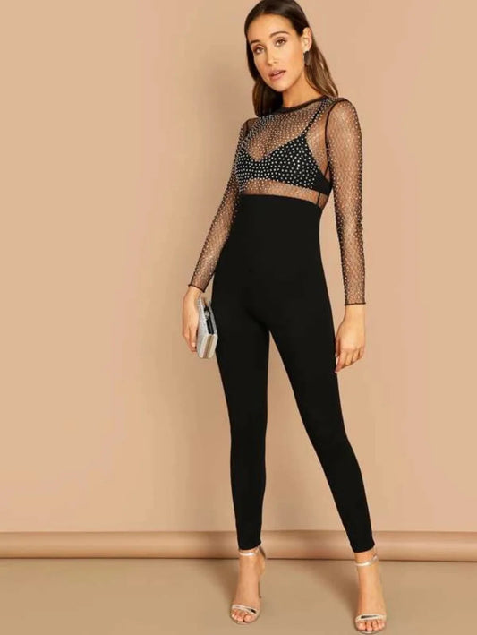 rhinestone beaded mesh bodice jumpsuit without bra Periwinkley Shop