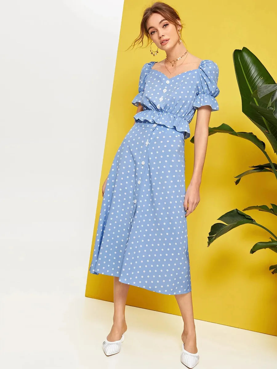 Polka Dot Button Front Ruffle Trim Peplum Top & Skirt Set Periwinkley Shop