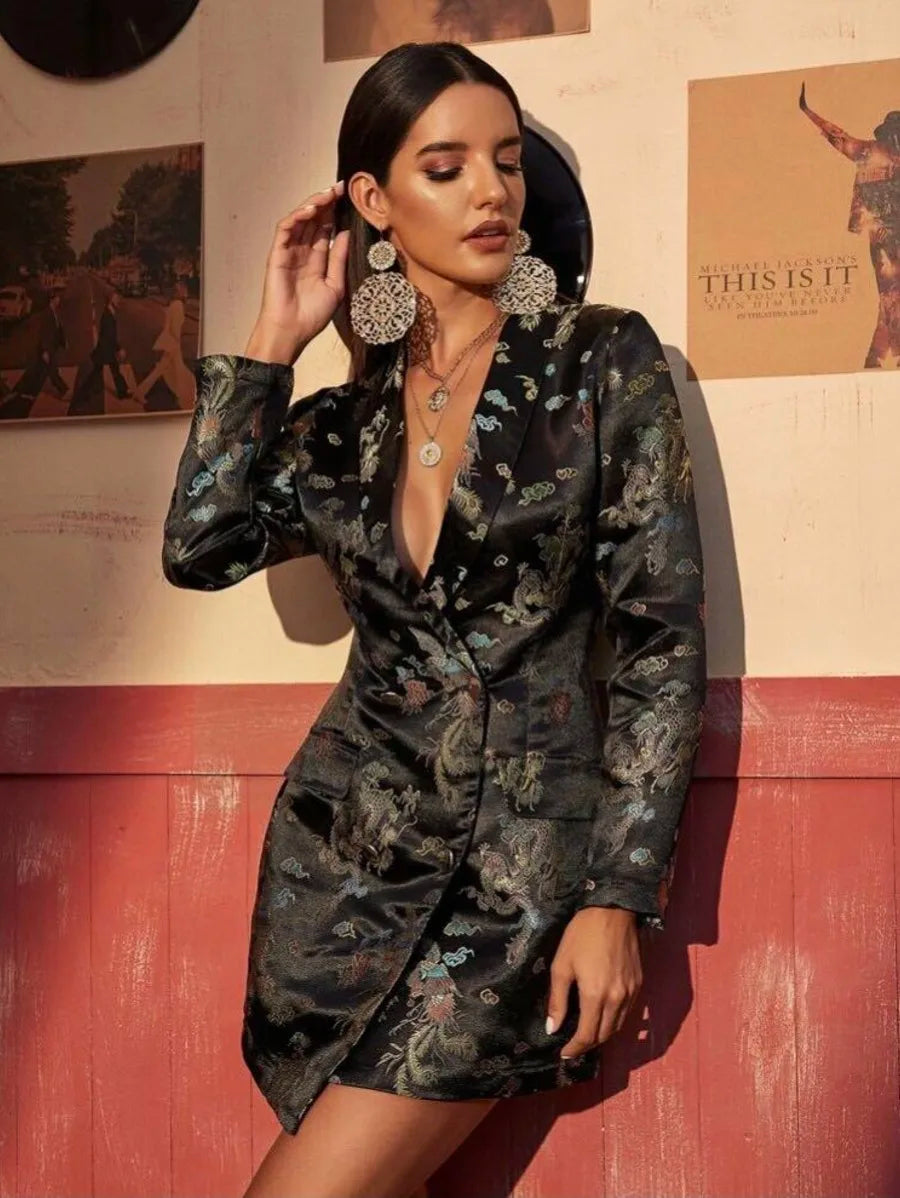 Dragon Jaquard Shawl Collar Blazer Dress Periwinkley Shop