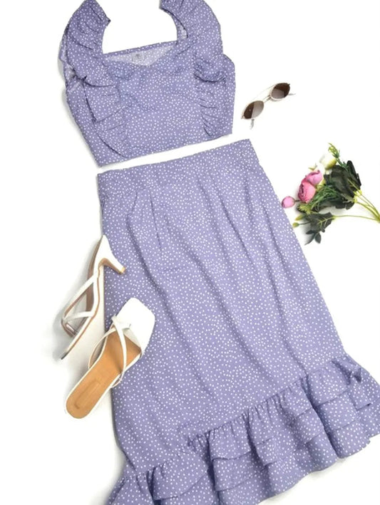 Set of 2 - Lavender Polka Dot Crop top with Ruffle Skirt Periwinkley Shop
