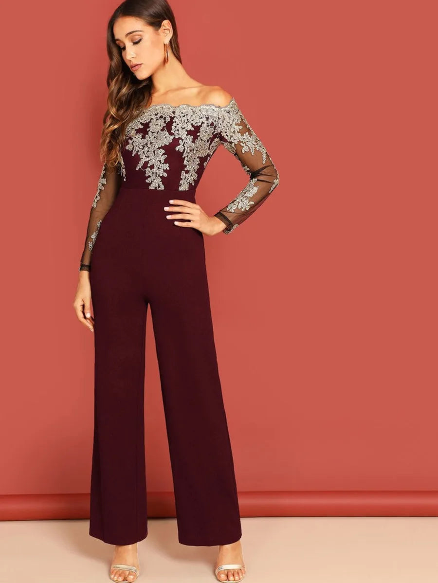 Off Shoulder Mesh Embroidered Jumpsuit Periwinkley Shop