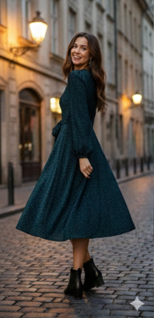 Self Belted Balloon Sleeve Glitter Dress