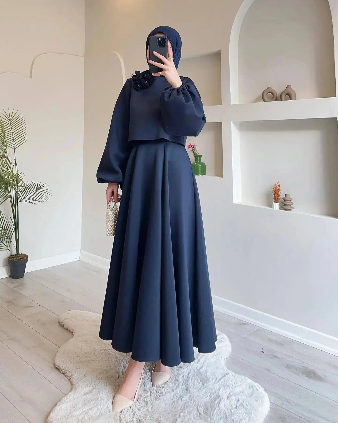 Noir Bloom Modest Co-Ord Set -Navy Blue Periwinkley Shop