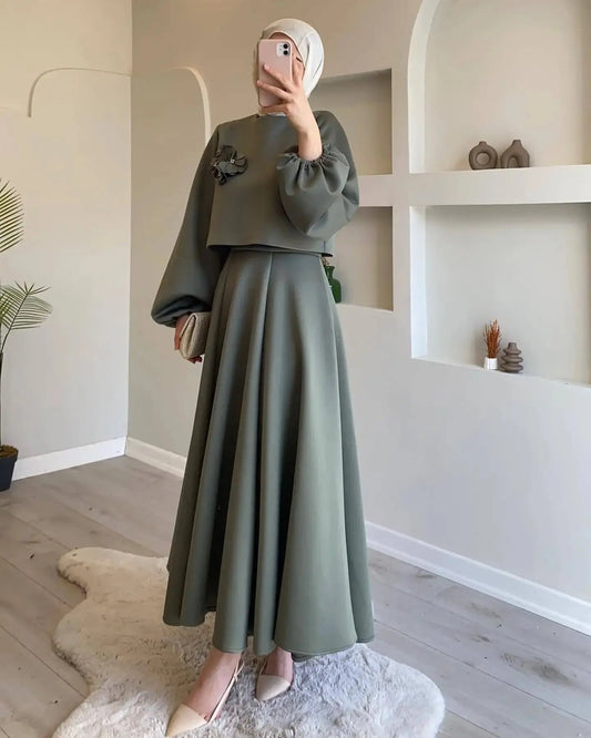 Noir Bloom Modest Co-Ord Set -Olive Green Periwinkley Shop
