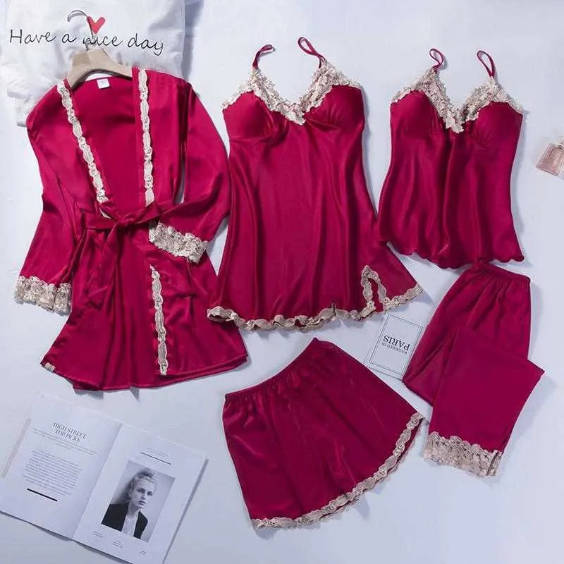 Emily Summer Pajama 5 Piece loungewear, Night suit Set -Burgundy