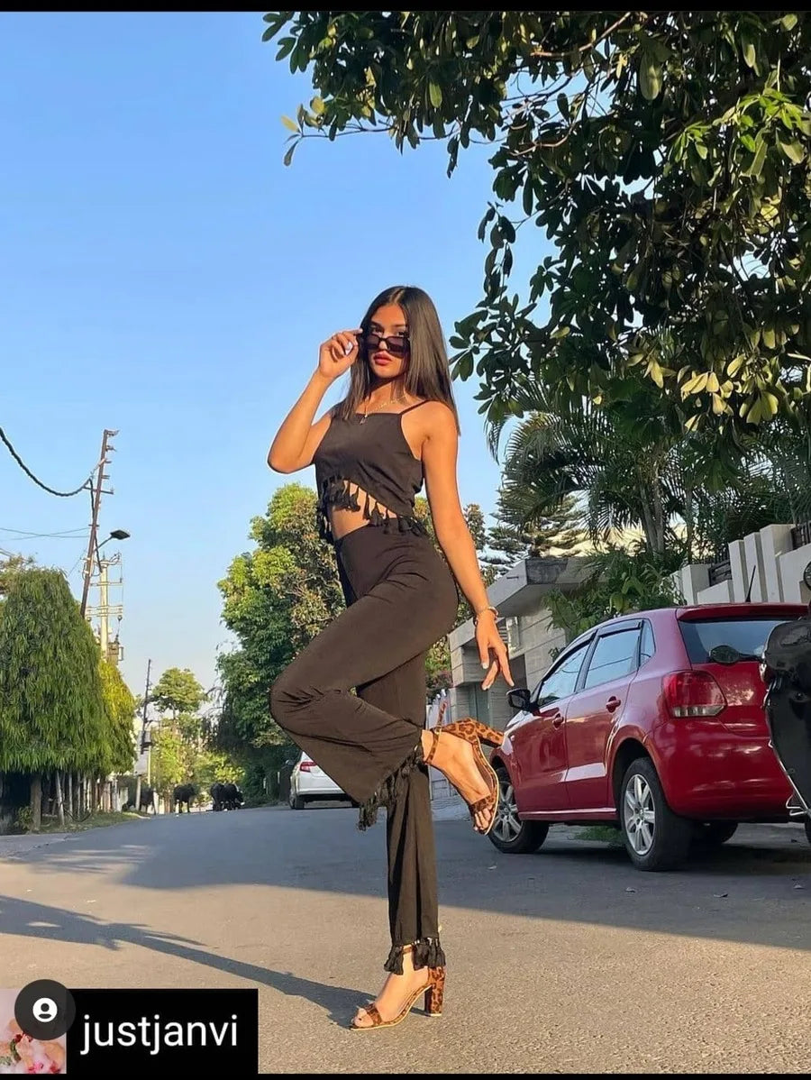 Tassel Hem Crop Top & Flare Pants Set Periwinkley Shop