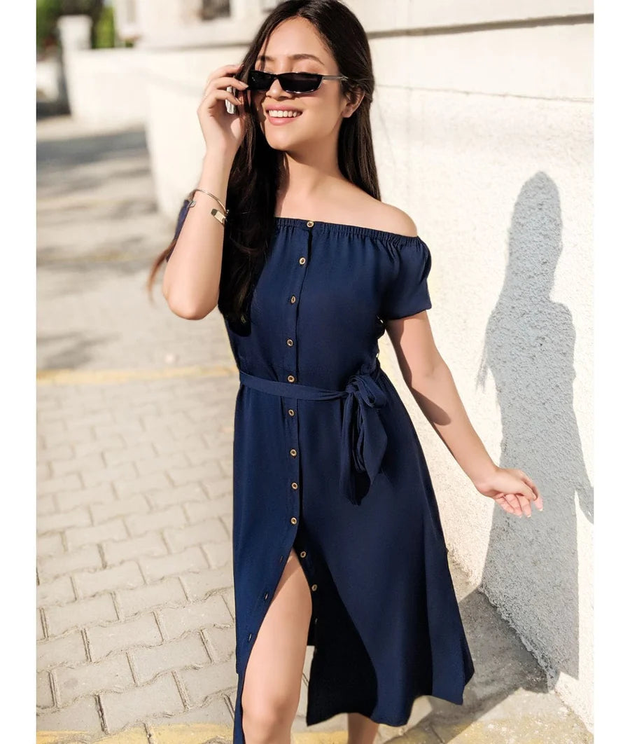 Solid Navy Off Shoulder Buttoned Down Dress Periwinkley Shop