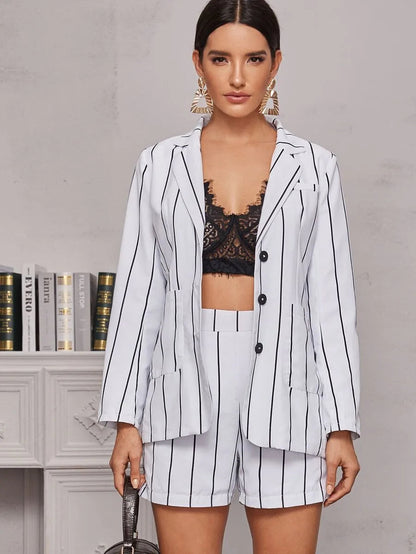 Vertical Striped Button Through Lapel Blazer & Shorts Periwinkley Shop