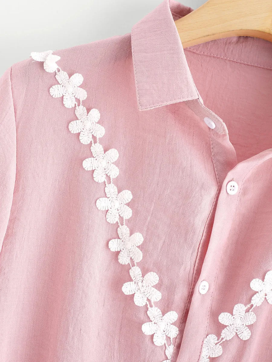 Contrast Lace  Embroidered Shirt Periwinkley Shop