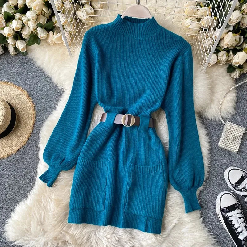 Guilantu Knitting Spring Autumn Turtleneck Puff Sleeve dress - Blue Periwinkley Shop