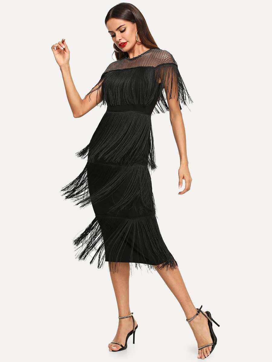 Fishnet Yoke Layered Fringe Dress Periwinkley Shop