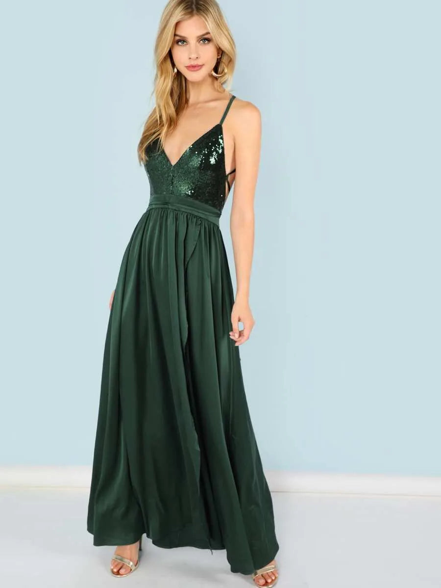 Sequin Panel Split Maxi Cami Dress Periwinkley Shop