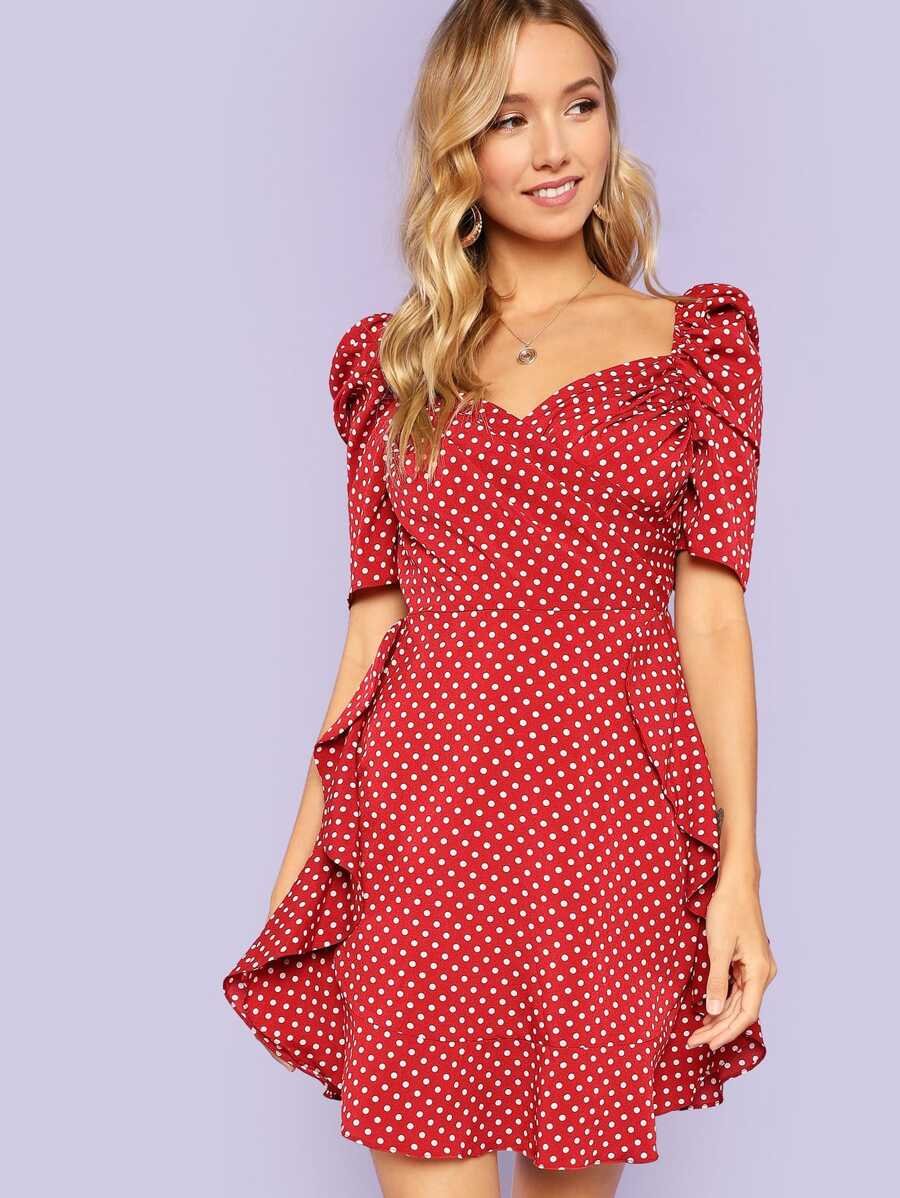 Polka Dot Puff Sleeve Surplice Wrap Dress Periwinkley Shop