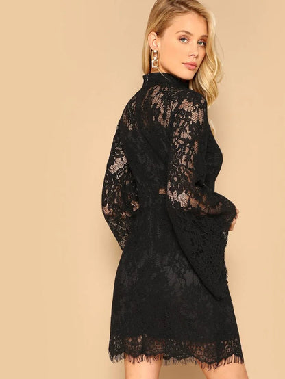 Mock-neck Bell Sleeve Floral Lace Dress Periwinkley Shop