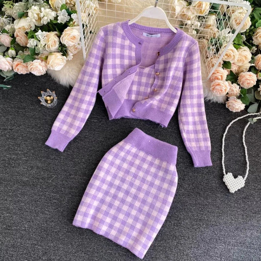 Korean Sweet Knit Plaid Cardigans & Camisole & Skirts 3pcs Sets Lavender Periwinkley Shop