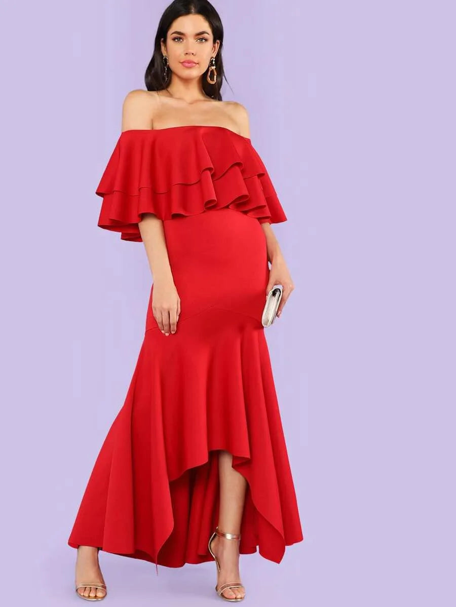 Tiered Flounce Fishtail Off Shoulder Prom Dress Periwinkley Shop