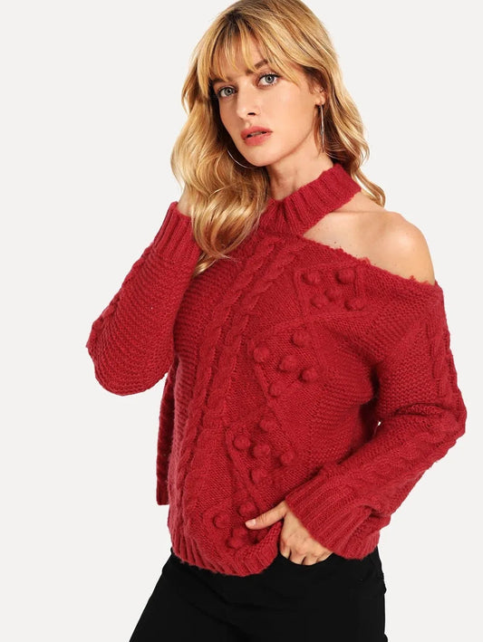 Cut Out Shoulder Textured Sweater Periwinkley Shop