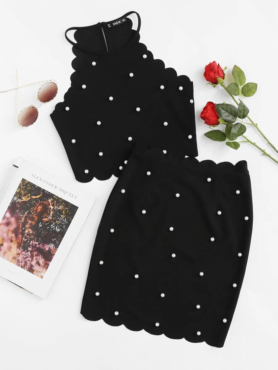 Pearl Beading Scalloped Halter Top & Skirt Co-ord Periwinkley Shop
