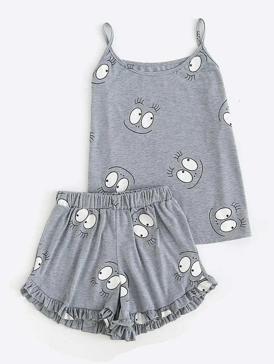 Cartoon Print Frill Trim Cami Pajama Set Periwinkley Shop