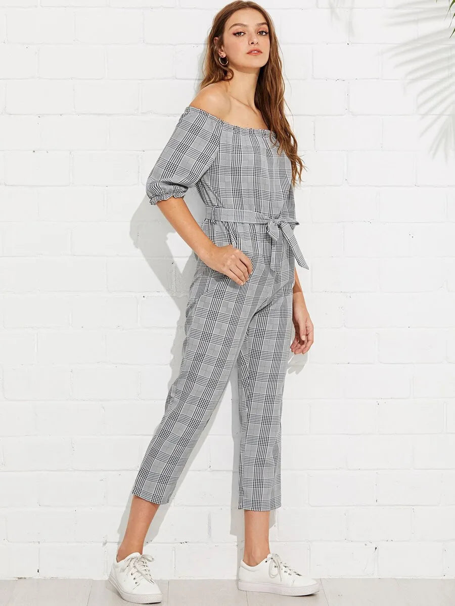 Off Shoulder Tie Waist Plaid Jumpsuit Periwinkley Shop