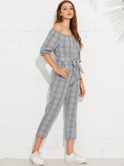 Off Shoulder Tie Waist Plaid Jumpsuit Periwinkley Shop