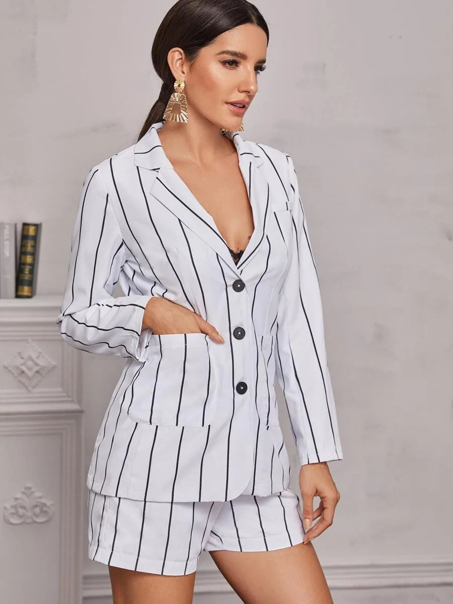 Vertical Striped Button Through Lapel Blazer & Shorts Periwinkley Shop