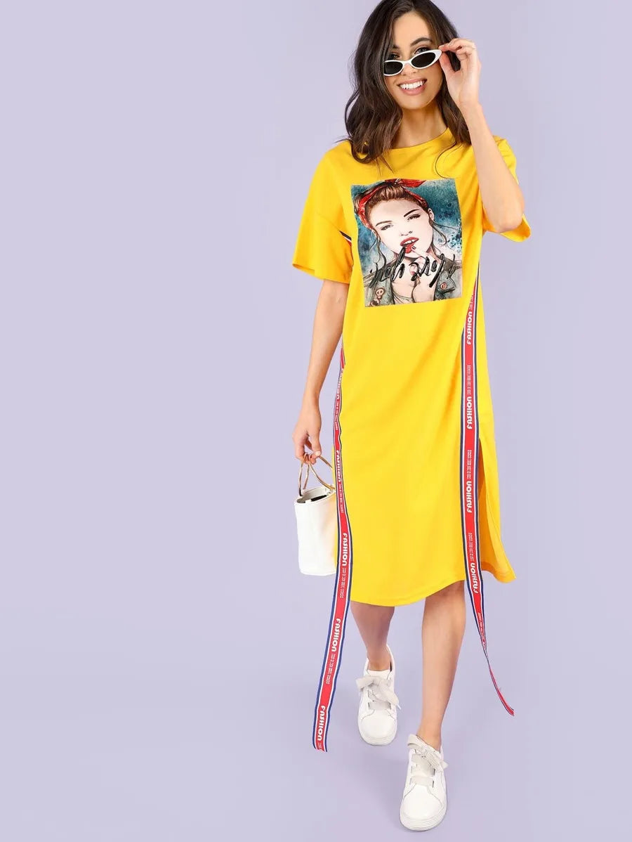 Figure Graphic Contrast Tape Side Slit Dress Periwinkley Shop