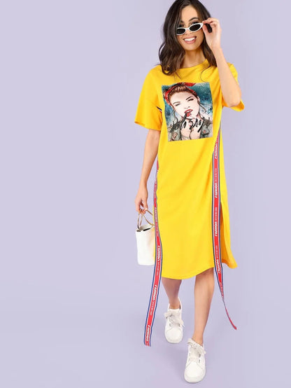 Figure Graphic Contrast Tape Side Slit Dress Periwinkley Shop