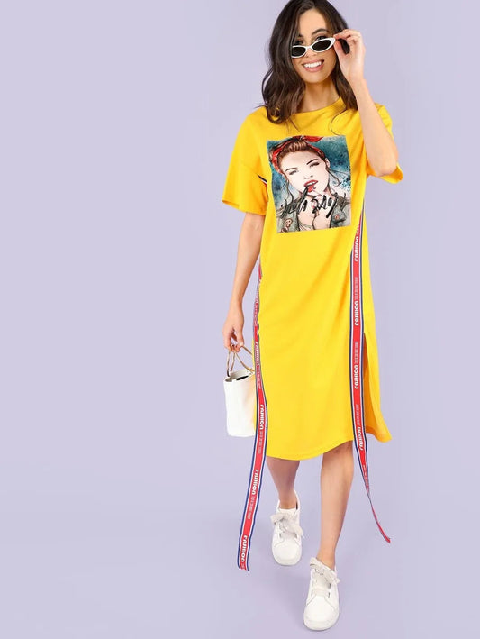 Figure Graphic Contrast Tape Side Slit Dress Periwinkley Shop