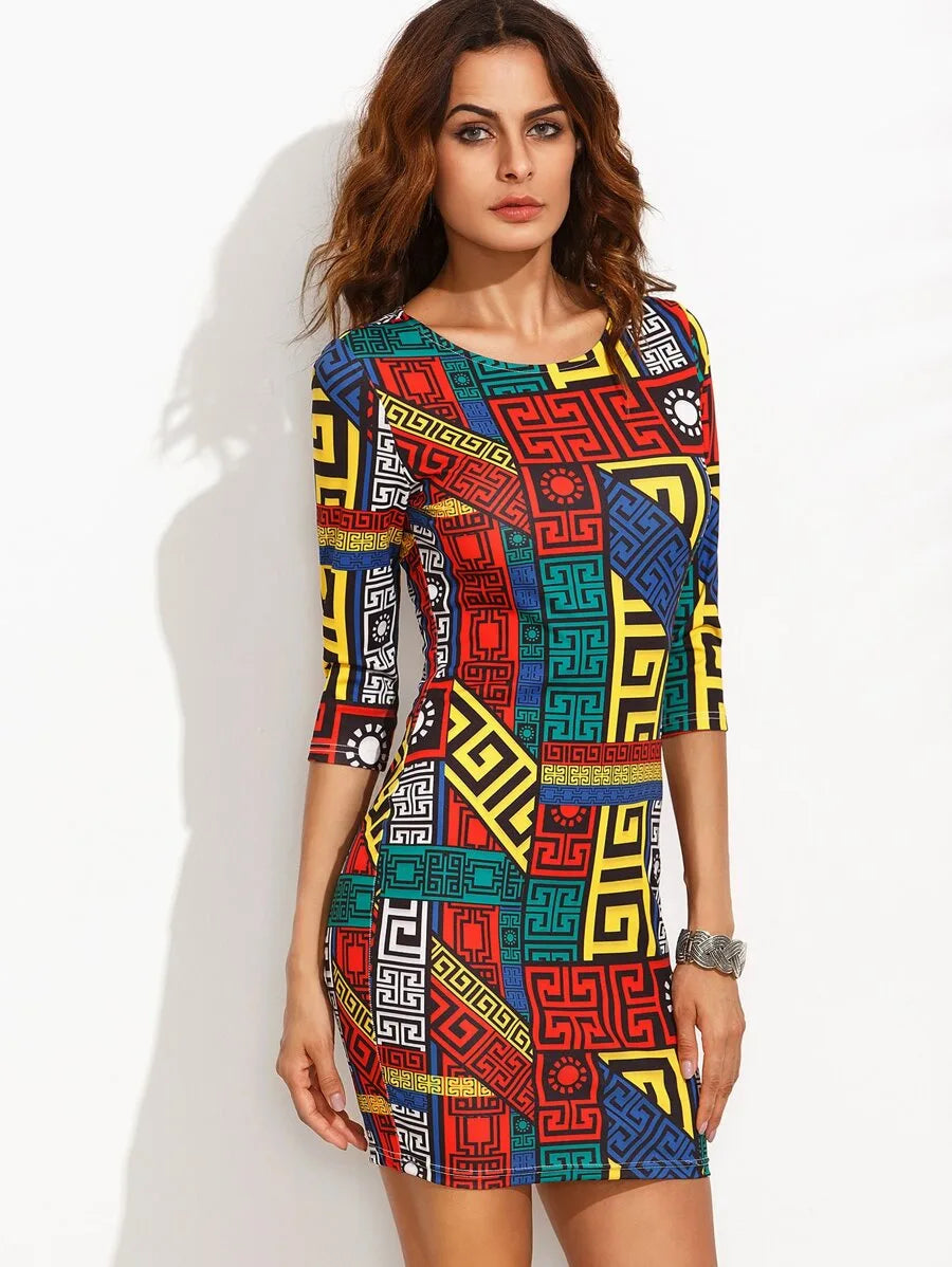 Greek Key Print Slim Fit Dress Periwinkley Shop