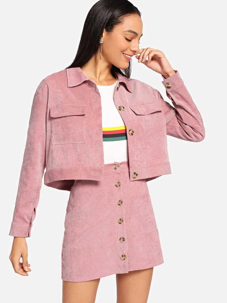 Corduroy Pocket Decoration Top With Button Front Utility Skirt Periwinkley Shop