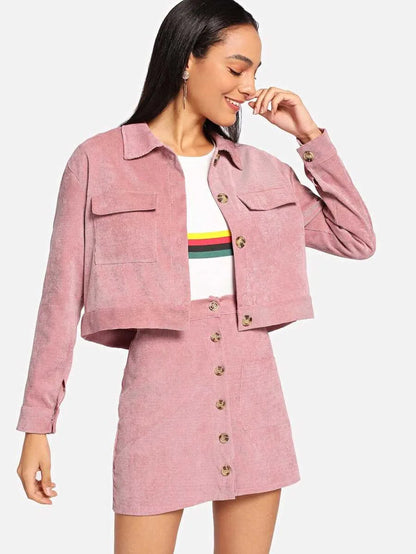 Corduroy Pocket Decoration Top With Button Front Utility Skirt Periwinkley Shop