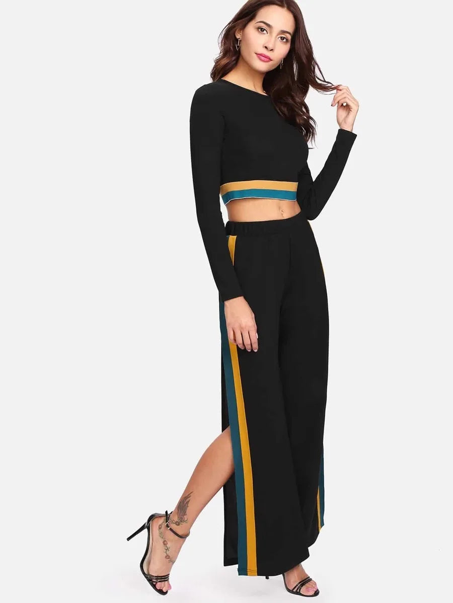 Striped Hem Crop Top & Split Side Palazzo Pants Set Periwinkley Shop
