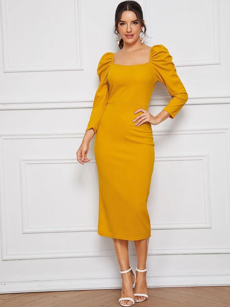 Gigot Sleeve Slit Hem Pencil Dress Periwinkley Shop