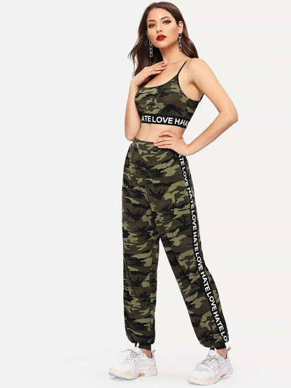 Lettered trim camo sports  bra and sweatpants set Periwinkley Shop