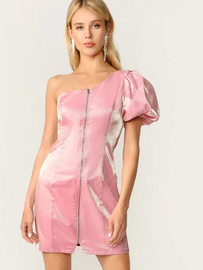 One Shoulder Puff Sleeve Zip Up Satin Dress Periwinkley Shop