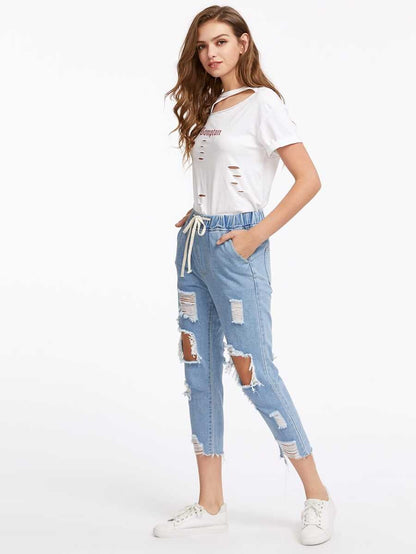 Destroyed Raw Hem Drawstring Waist Crop Boyfriend Jeans Periwinkley Shop