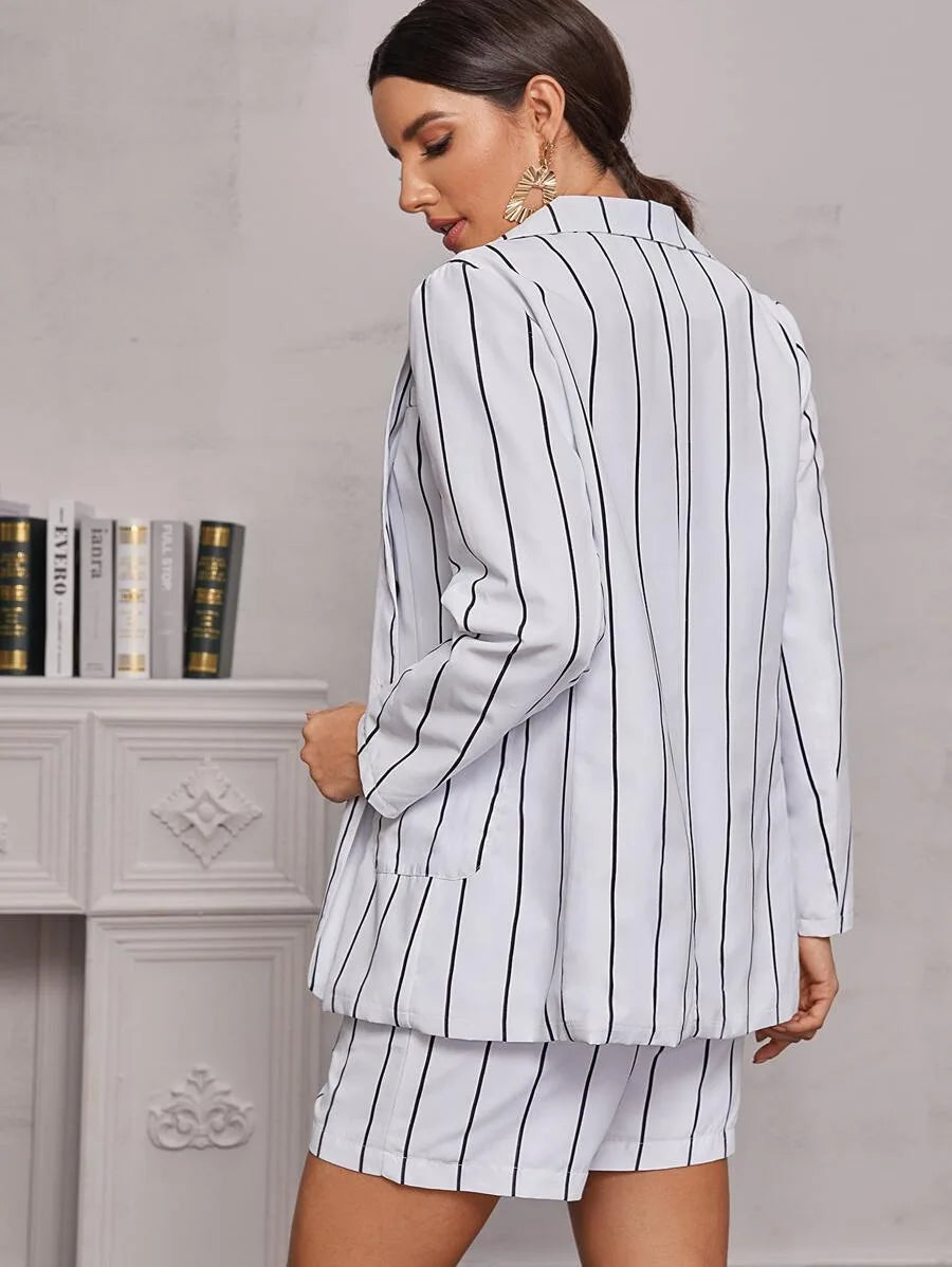 Vertical Striped Button Through Lapel Blazer & Shorts Periwinkley Shop