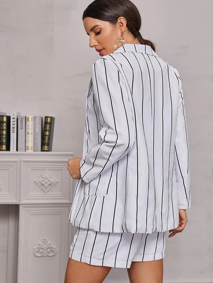 Vertical Striped Button Through Lapel Blazer & Shorts Periwinkley Shop