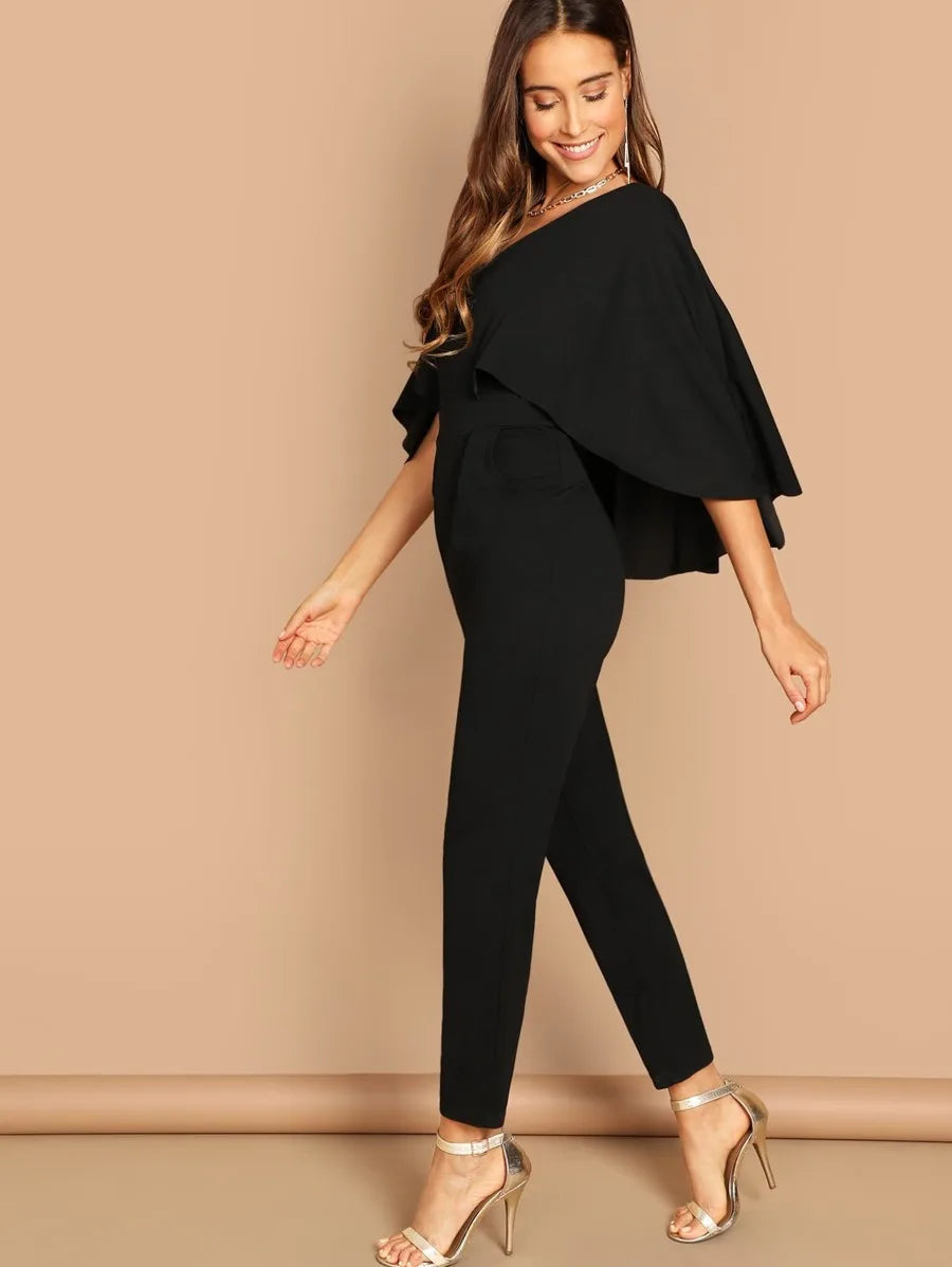 V-Neck Solid Cape Jumpsuit Periwinkley Shop