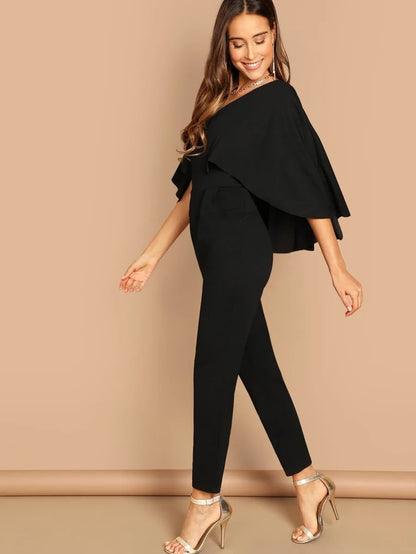 V-Neck Solid Cape Jumpsuit Periwinkley Shop