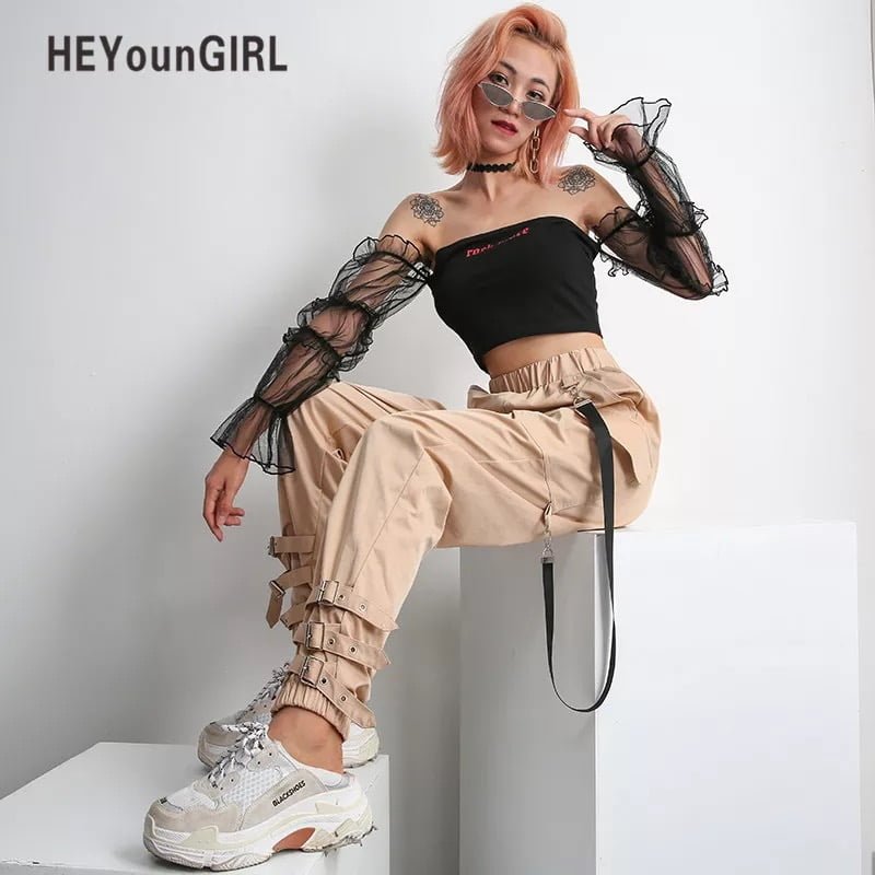 Side Ribbon Cargo Pants Buckle Leg Casual Sweatpants Periwinkley Shop