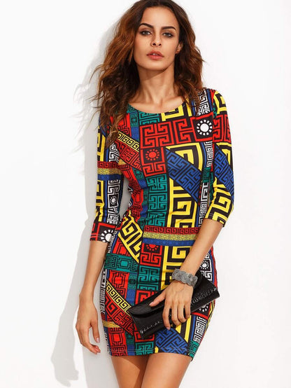 Greek Key Print Slim Fit Dress Periwinkley Shop