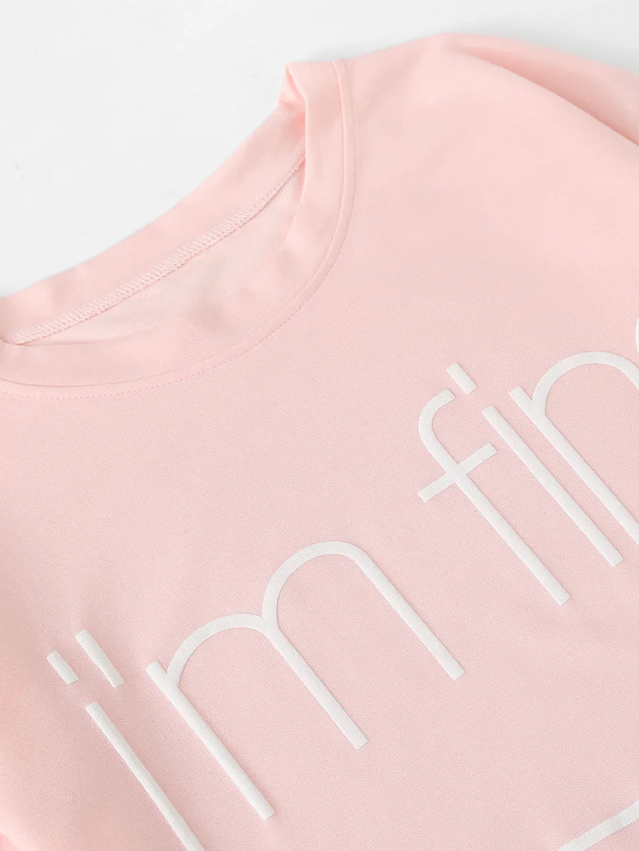 Drop Shoulder Slogan Print Top With Shorts Periwinkley Shop