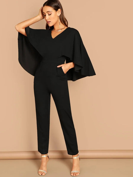 V-Neck Solid Cape Jumpsuit Periwinkley Shop