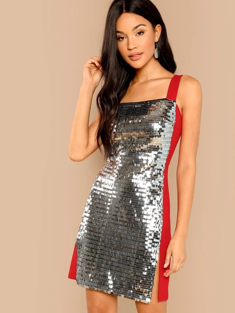Thick Strap Two Tone Sequin Dress Periwinkley Shop