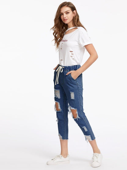 Extreme Destroyed Raw Hem Drawstring Waist Crop Boyfriend Jeans Periwinkley Shop