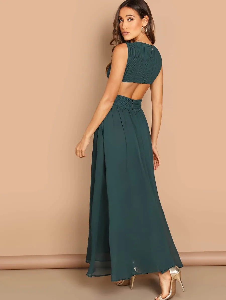 Open Back Ruched Top Flowy Prom One Piece Dress Periwinkley Shop