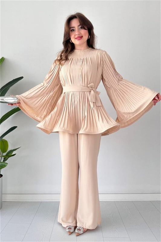 Women's Fashion Casual Belt Pleated Loose Top Wide Leg Pants Two Piece Set-Beige Periwinkley Shop