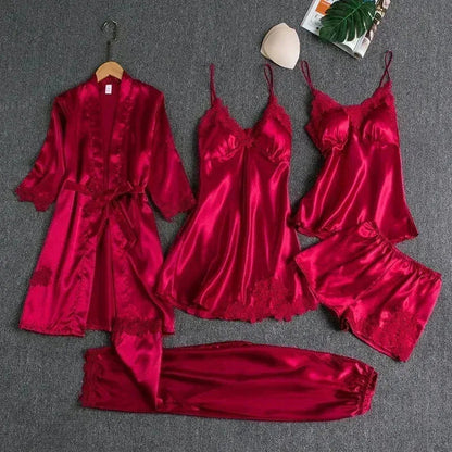 Victoria Summer Silk Pajamas 5 Piece loungewear  - Burgundy Periwinkley Shop